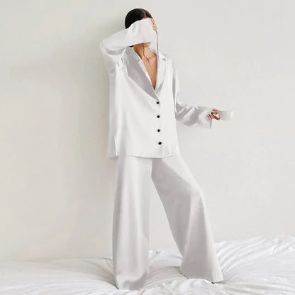 Women's Pajama Set – Satin – Relaxed Fit – Shirt Top – Wide Pants