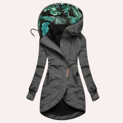 Women's Fleece Jacket – Slim Fit – Hood with Patterned Lining – Asymmetric Zipper