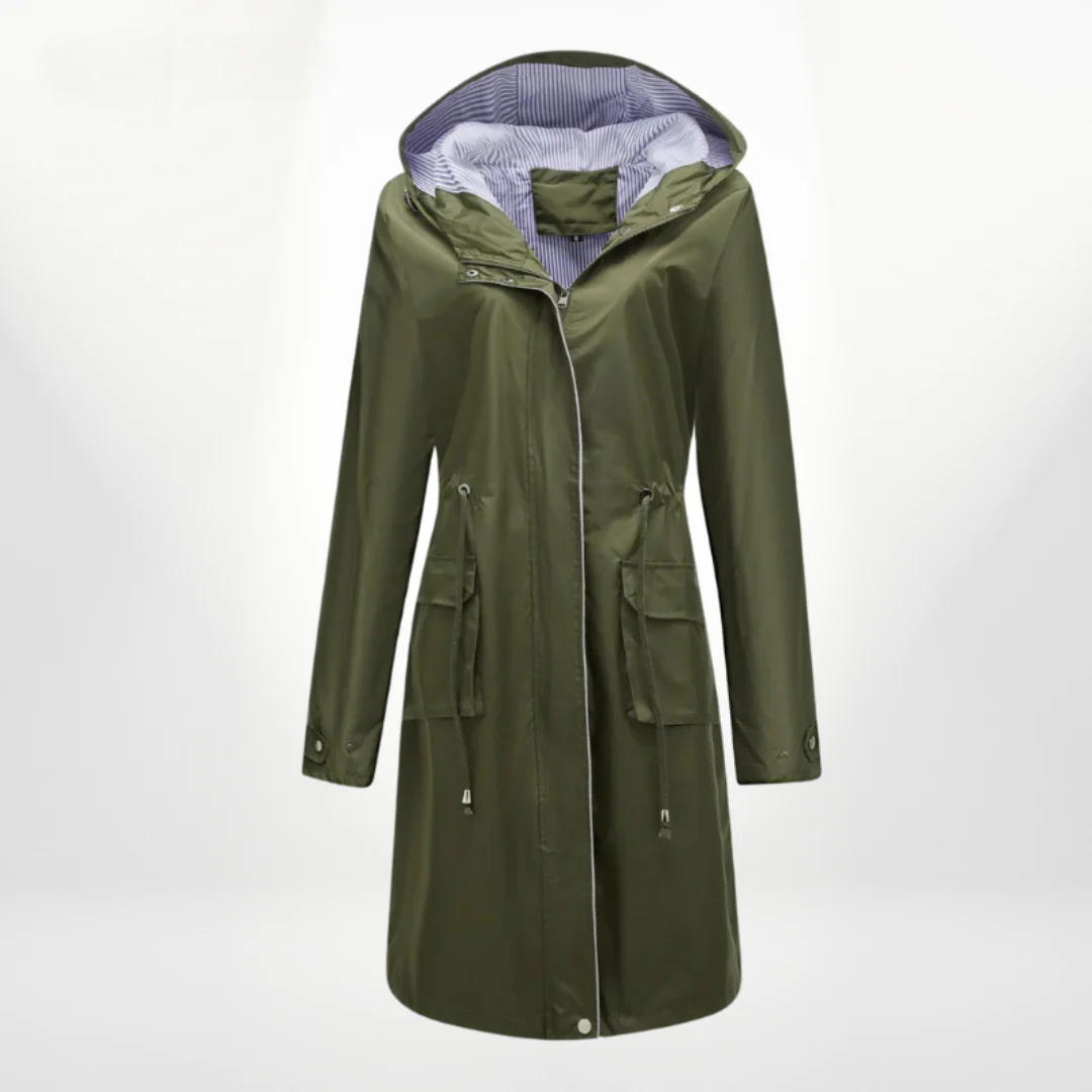Women's Trench Coat – Slim Fit – Drawstring Hood – Knee Length – Waterproof Fabric