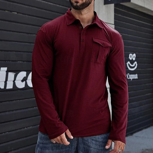 Men's Henley Pique Shirt – Slim Fit – Long Sleeve – Cotton – Chest Pocket – Stand Collar