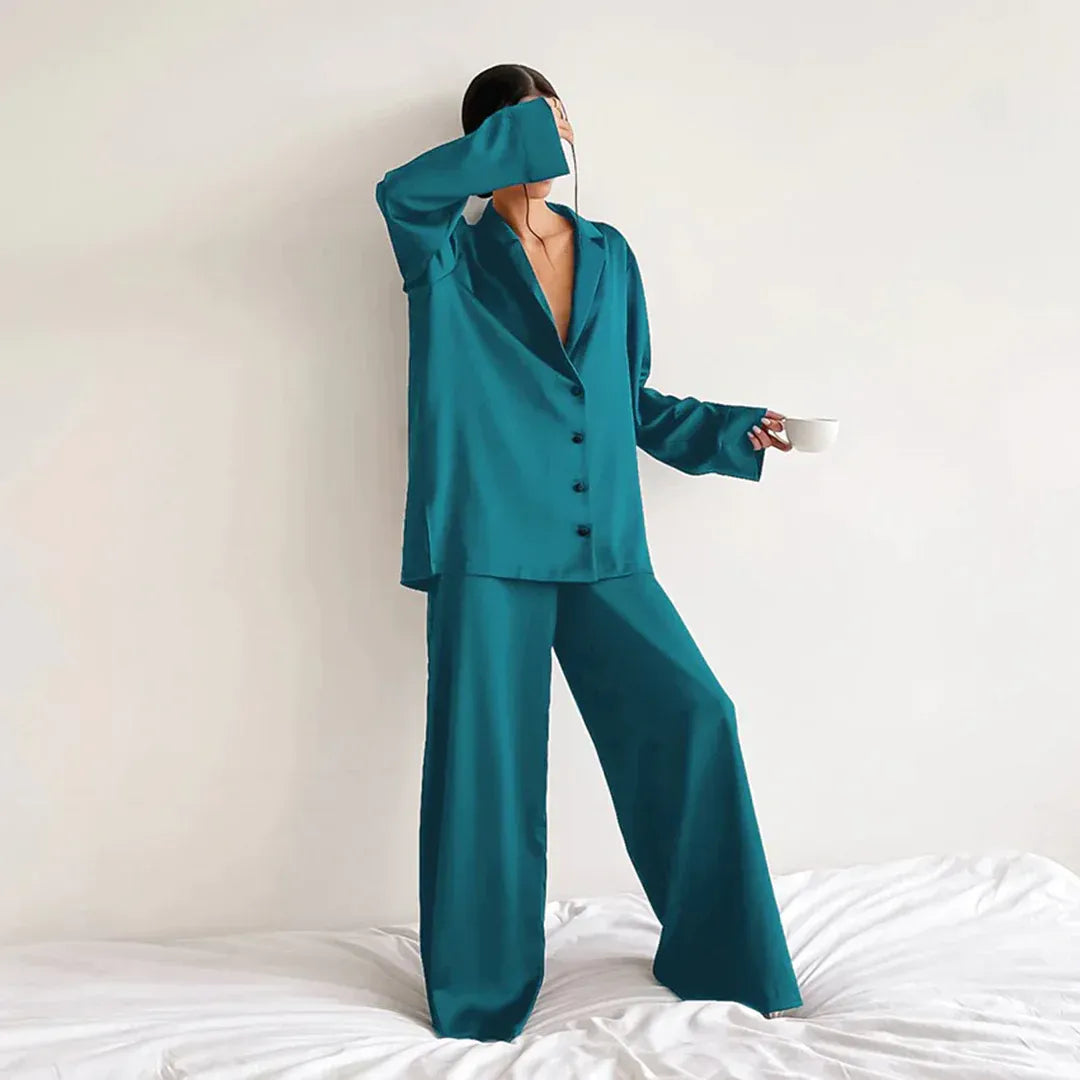 Women's Pajama Set – Satin – Relaxed Fit – Shirt Top – Wide Pants