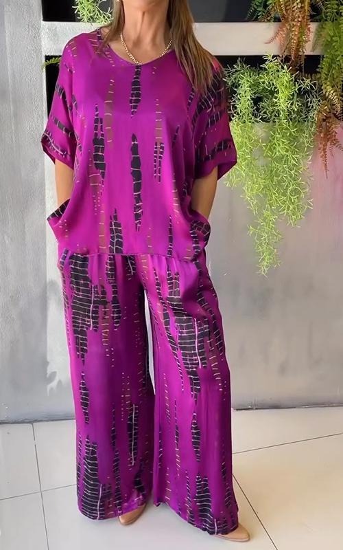 Women's Jumpsuit – Satin – Relaxed Fit – Round Neck – Wide Legs – Abstract Pattern