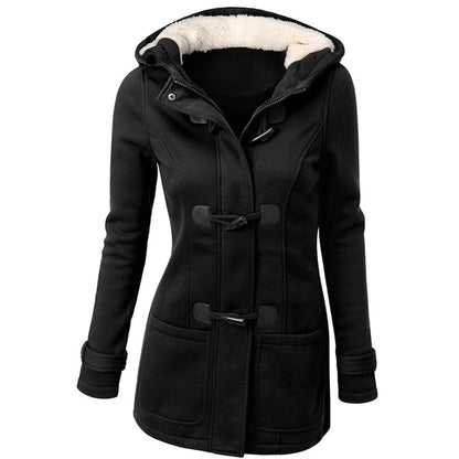 Women's Long Coat – Wool Blend – Tailored Fit – Hood with Toggle Details