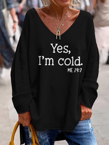 Women's Sweater – Oversized Fit – Soft Knit – V-neck – Text Print – Long Sleeves