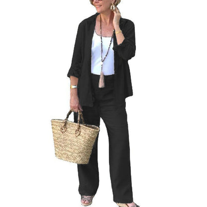 Women's Set with Shirt and Pants – Linen Blend – Relaxed Fit – Wide Leg – Open Front