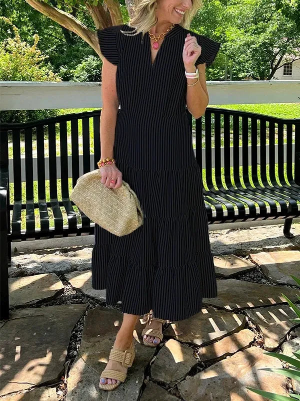 Dress for women – midi – cotton – V-neck – ruffle sleeves – striped – tiered skirt