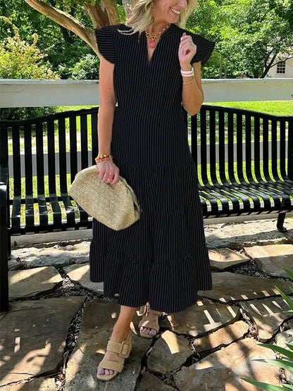 Dress for women – midi – cotton – V-neck – ruffle sleeves – striped – tiered skirt