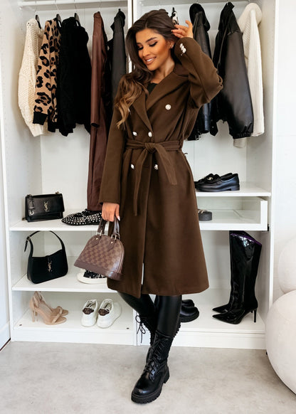 Women's Wool Coat – Double-Breasted – Belt at the Waist – Tailored Knee Length