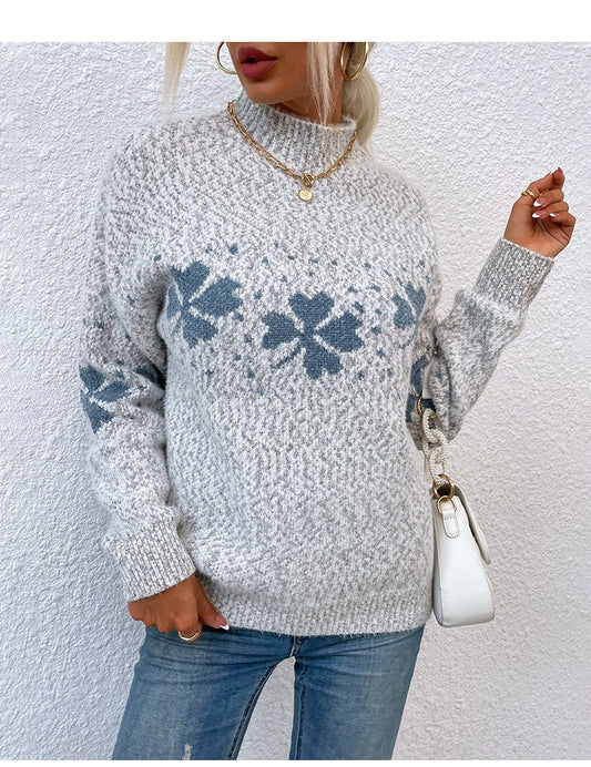 Women's Sweater – Wool Knit – Relaxed Fit – High Neck – Long Sleeves – Patterned