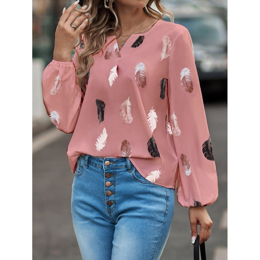 Women's Long-Sleeve T-Shirt – V-Neck – Relaxed Fit – Soft Feather Print Design