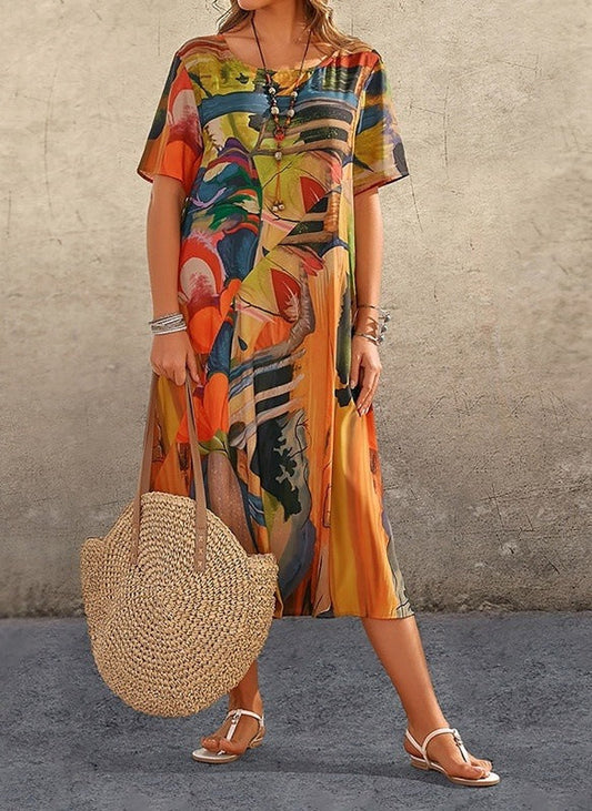 Dress for Women – Relaxed Fit – Abstract Pattern – Short Sleeve – Round Neck – Midi
