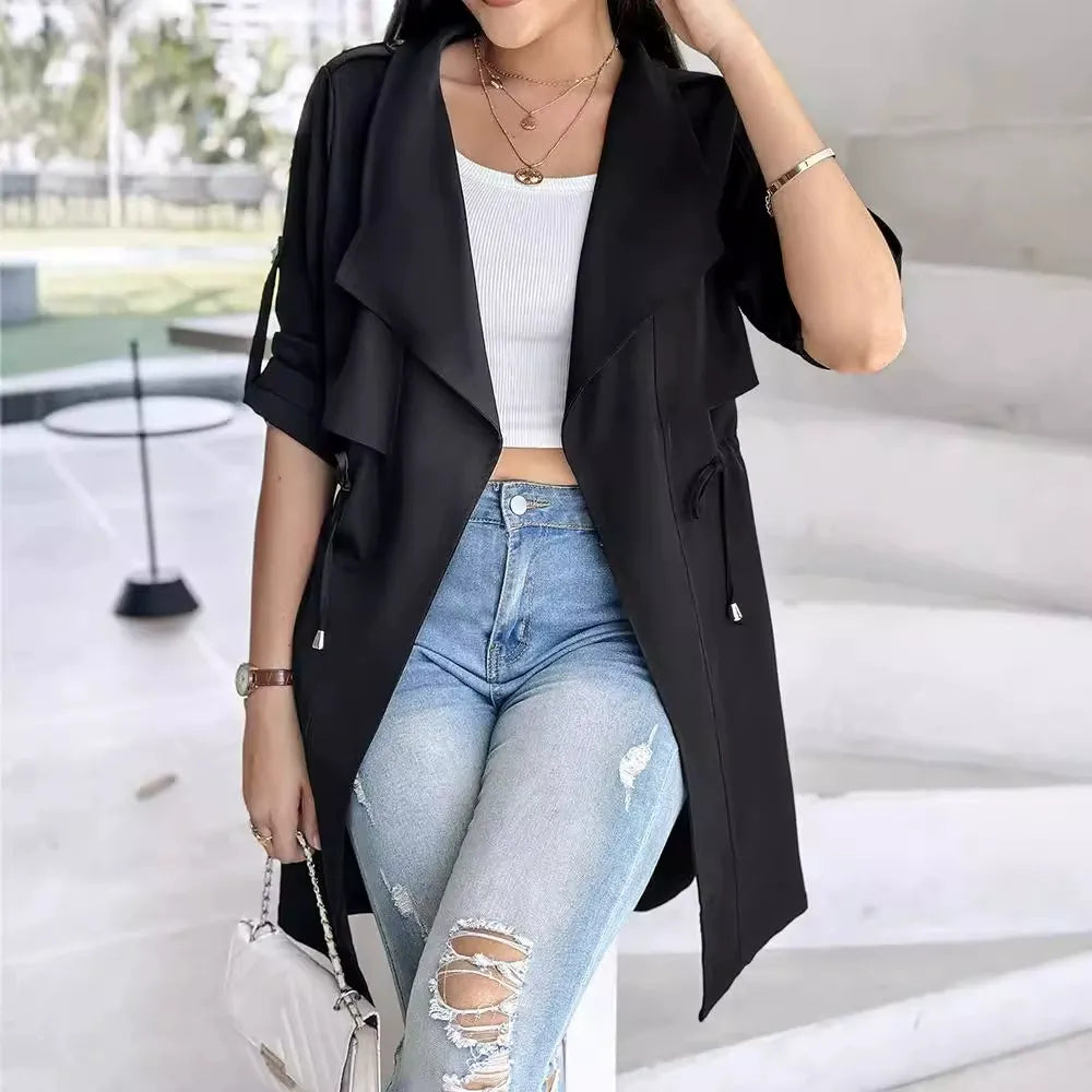 Women's Trench Coat – Relaxed Fit – Tie Belt – Draped Lapels – Lightweight Cotton Fabric