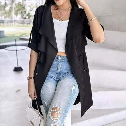 Women's Trench Coat – Relaxed Fit – Tie Belt – Draped Lapels – Lightweight Cotton Fabric