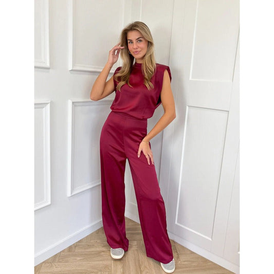 Women's jumpsuit – satin look – sleeveless – high neck – open back – wide legs