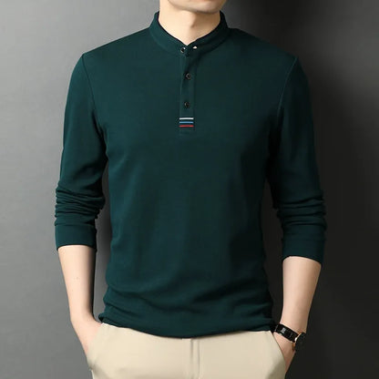 Men's Long-Sleeve T-Shirt – Cotton – Regular Fit – Stand Collar – Button Opening