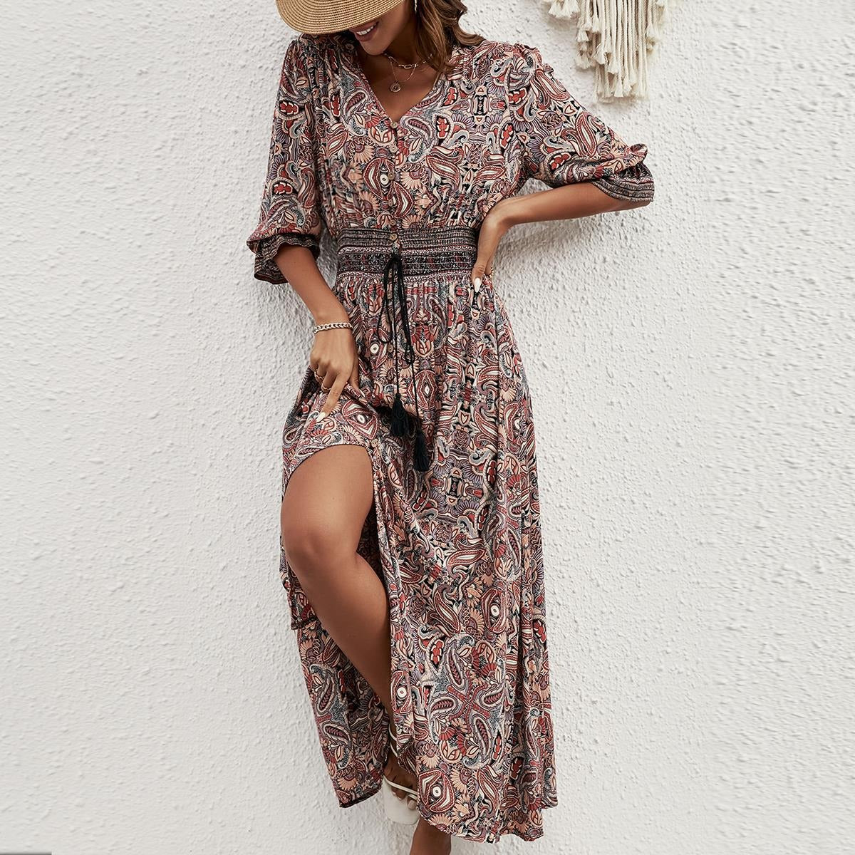 Dress Women Midi – Loose Fit – Front Buttons – Defined Waist – 3/4 Sleeves