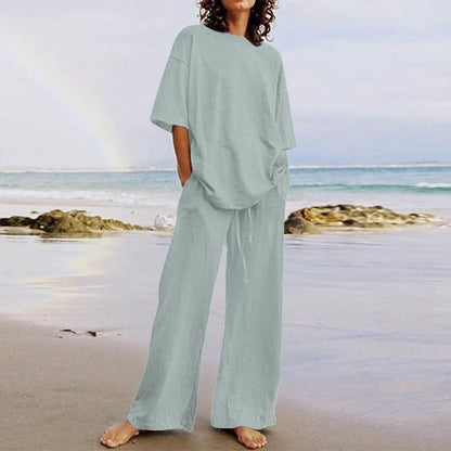 Women's Set – Relaxed Fit Top with O-Neck – Wide Pants with Elastic and Pockets