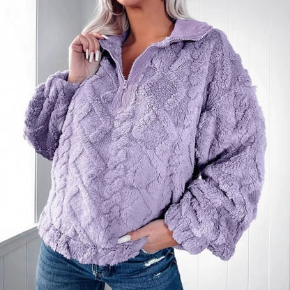 Women's Sweater – Faux Fur – Relaxed Fit – Quilted Texture – Half Zipper
