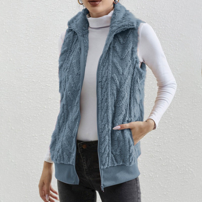 Women's Vest without Sleeves – Jacquard Fleece – Zipper – High Collar – Relaxed Fit