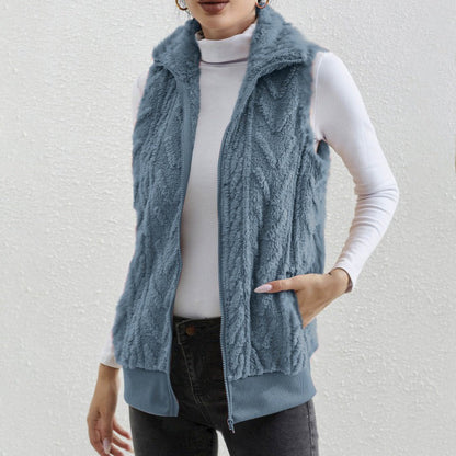 Women's Vest without Sleeves – Jacquard Fleece – Zipper – High Collar – Relaxed Fit