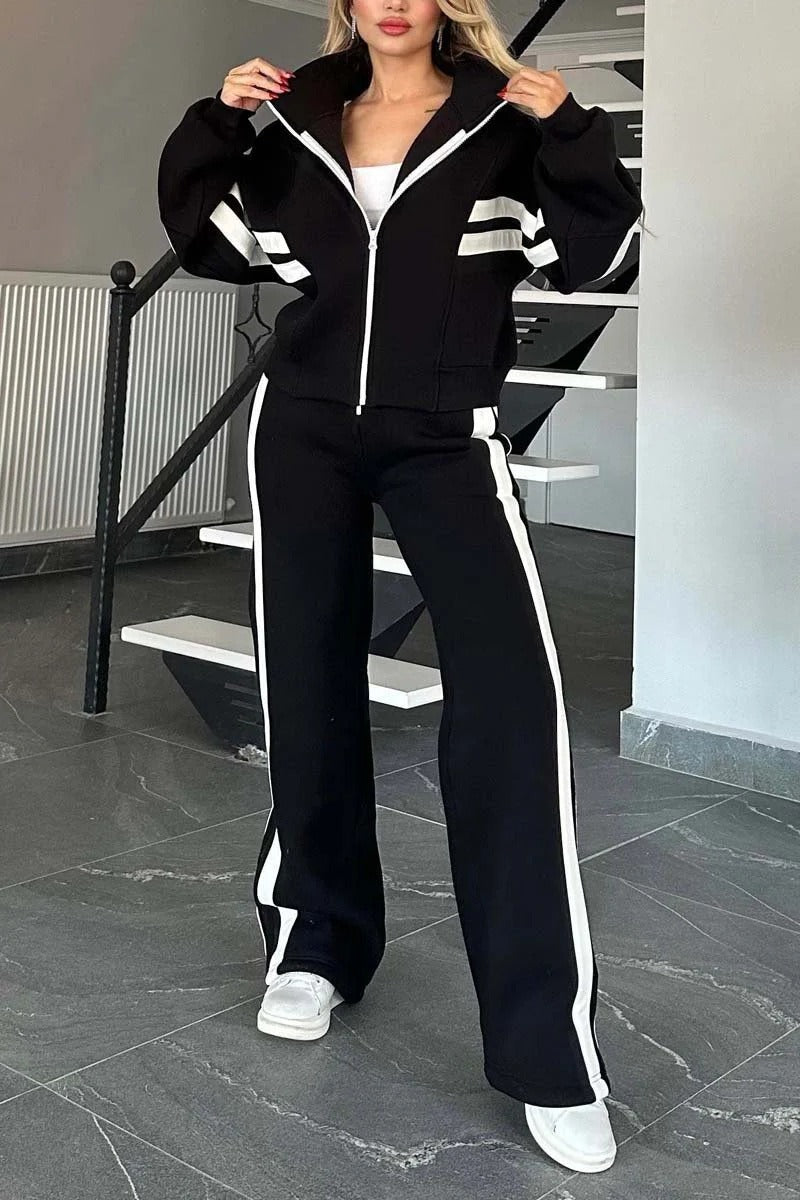 Women's Zipper Jacket – Relaxed Fit – Cotton Blend – Striped Sleeves – Casual