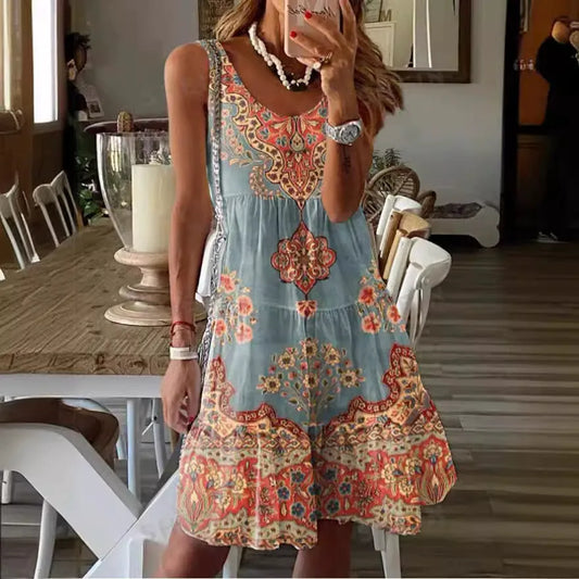 Dress woman – Bohemian mini dress – Sleeveless – V-neck – Loose fit – Cotton quality
