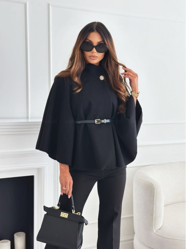 Women's Cape Coat – Wool Blend – Tailored Fit – Belt – High Neck Elegant Design