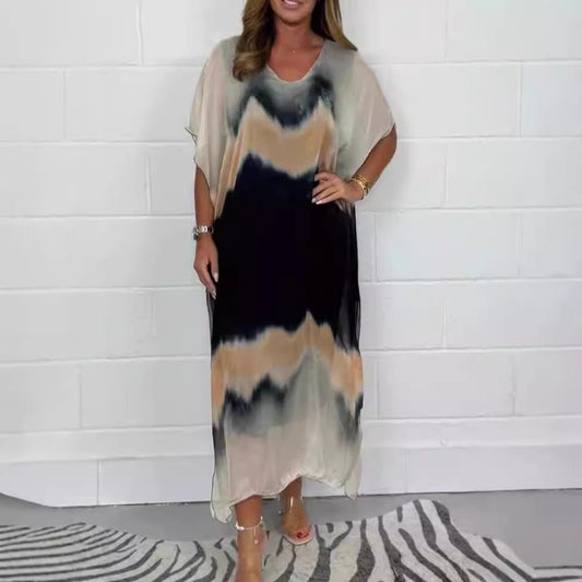 Women's Maxi Dress – Chiffon – V-neck – Ombre Design – Short Sleeve – Loose Fit