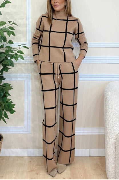 Women's Two-Piece Set – Knitted Check Pattern – Relaxed Fit – Wide Legs – Drawstring