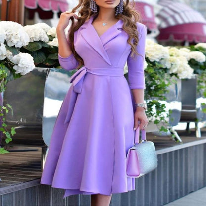 Dress for women – midi – flared fit – belt at the waist – V-neck with collar – mid-length sleeves