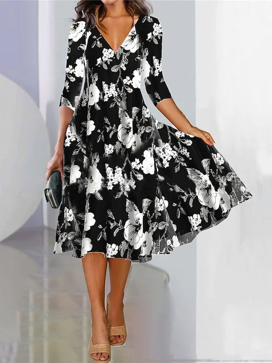 Dress for Women – Midi – V-neck – A-line Fit – 3/4 Sleeves – Floral Print – Breathable Fabric