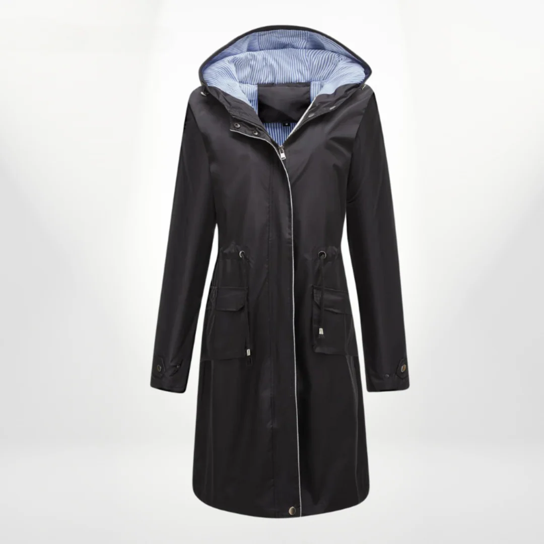 Women's Trench Coat – Slim Fit – Drawstring Hood – Knee Length – Waterproof Fabric
