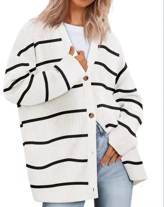 Women's Cardigan – Oversized Fit – Knitted Rib Structure – Button V-Neck