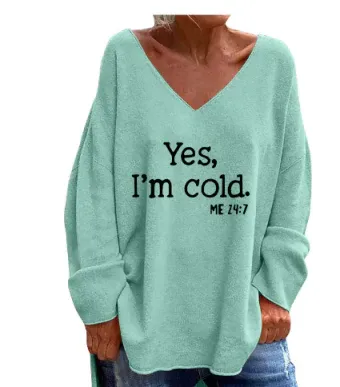 Women's Sweater – Oversized Fit – Soft Knit – V-neck – Text Print – Long Sleeves