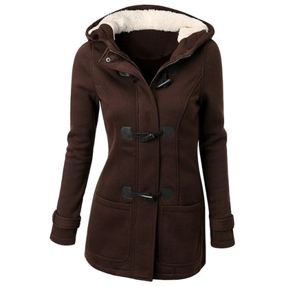 Women's Long Coat – Wool Blend – Tailored Fit – Hood with Toggle Details