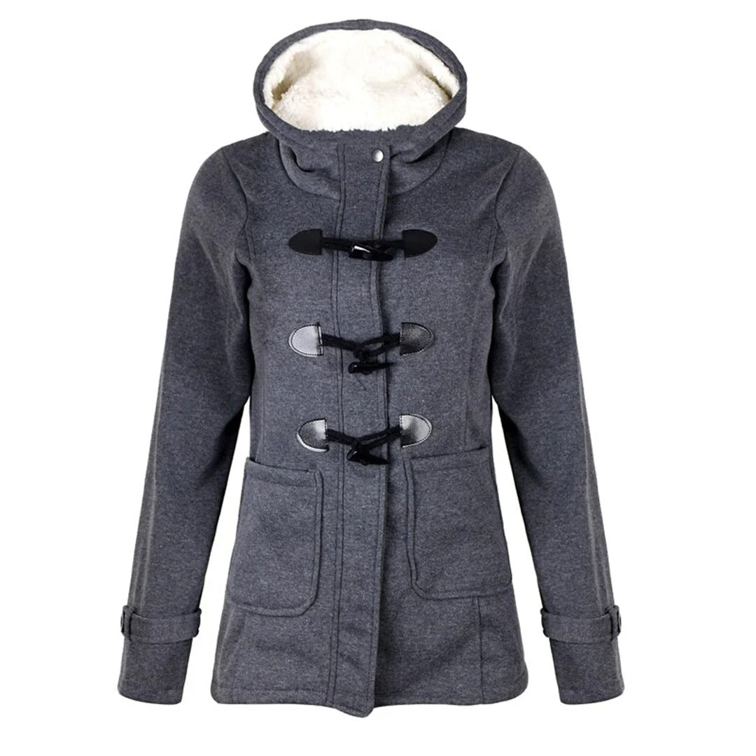 Women's Long Coat – Wool Blend – Tailored Fit – Hood with Toggle Details