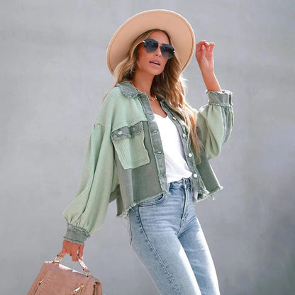 Women's Jacket – Waffle Knit – Relaxed Fit – Balloon Sleeves – Fringe Hem – Short Model