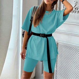 Women's Two-Piece Set – Oversized Tunic with Belt – Tight-Fitting Biker Shorts – Soft Cotton