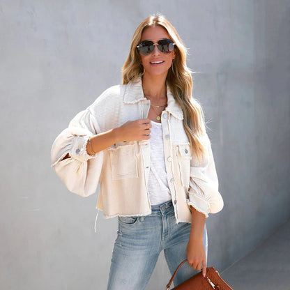 Women's Jacket – Waffle Knit – Relaxed Fit – Balloon Sleeves – Fringe Hem – Short Model
