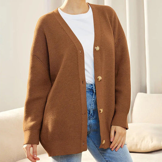 Women's Cardigan – Oversized Fit – Ribbed Knit – Buttons – V-Neck – Casual Layering