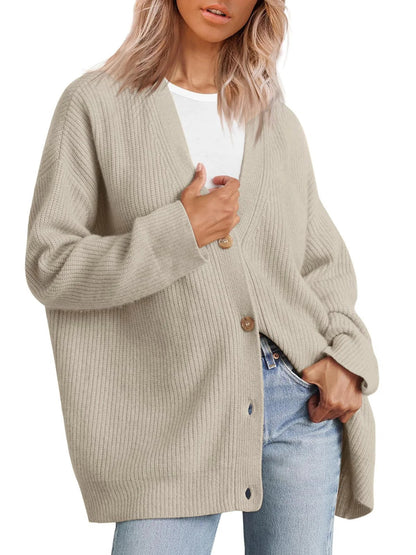Women's Cardigan – Oversized Fit – Knitted Rib Structure – Button V-Neck