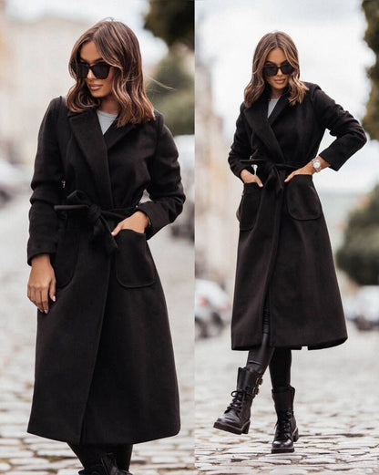 Women's Wool Coat – Double-Breasted – Belted Waist – Classic Fit – Mid-Length