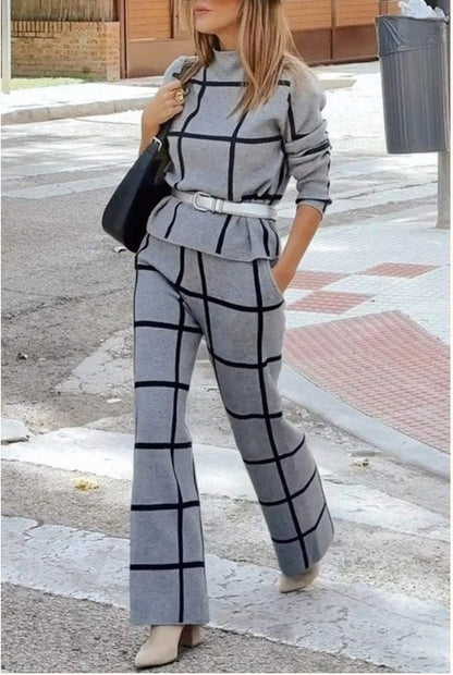 Women's Two-Piece Set – Knitted Check Pattern – Relaxed Fit – Wide Legs – Drawstring