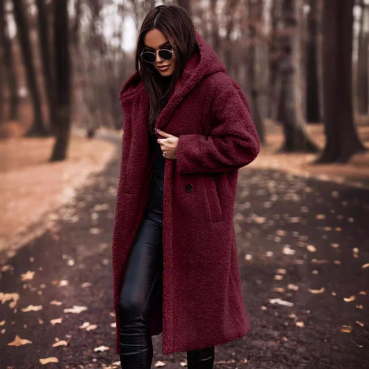Women's Coat – Wool – Oversized Fit – Full Length – Hood with Buttons