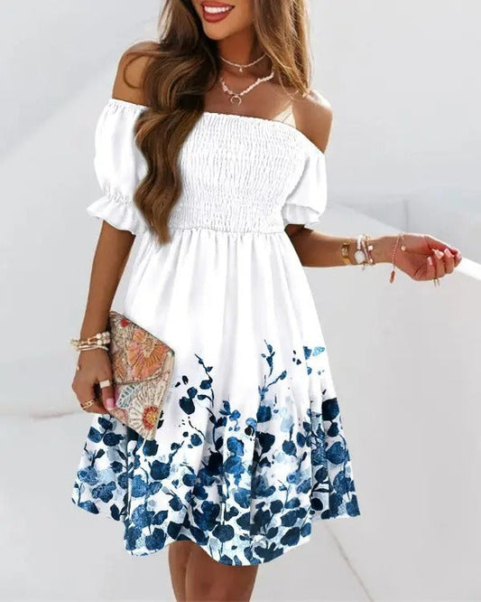 Dress for Women – One-Shoulder – A-Line Fit – Ruffled Sleeve – Printed Pattern