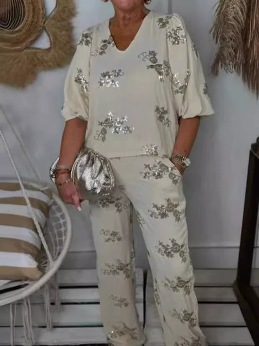 Women's Lounge Set – Relaxed Fit – V-neck Top – Elastic Pants – Sequin Details