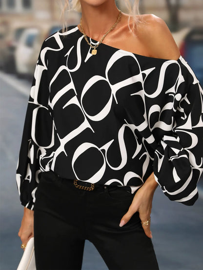 Women's Blouse with One Shoulder – Loose Fit – Long Sleeves – Statement Pattern
