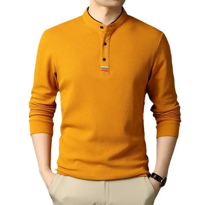 Men's Long-Sleeve T-Shirt – Cotton – Regular Fit – Stand Collar – Button Opening