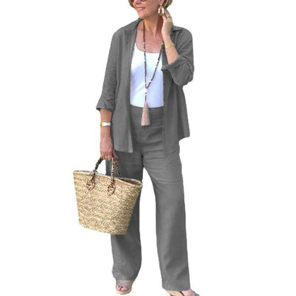 Women's Set with Shirt and Pants – Linen Blend – Relaxed Fit – Wide Leg – Open Front