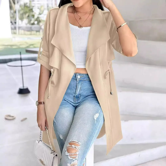 Women's Trench Coat – Relaxed Fit – Tie Belt – Draped Lapels – Lightweight Cotton Fabric